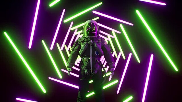 Neon astronaut futuristic concept. Retrowave style Vj loop 3d animation