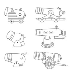 Flat design of medieval cannon firing on a white background. Cartoon concept icon cute style. The subject of war and aggression. Set Vintage gun. outline stroke. vector, illustration