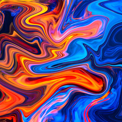 Hand Painted Background With Mixed Liquid Blue And Orange Paints. Abstract Fluid Acrylic Painting. Marbled Colurful Abstract Background. Liquid Marble Pattern.
