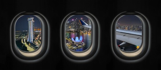 Uitzicht buiten het vliegtuigraam. Singapore Stad.