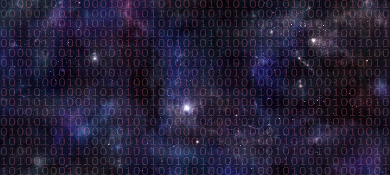 The entire universe is BINARY - random 0 and 1 lined across a dark blue coloured deep space banner background&nbsp;with many different stars, planets and cloud formations
