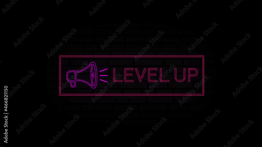 Poster Level up neon sign in a frame with a megaphone on a black background. Animation glowing neon line text Level up. 4K Video motion graphic animation.