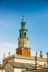 Fototapeta na wymiar Poznan, Poland - August 09, 2021. Detail of tower of City Hall in Old Town