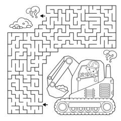 Maze or Labyrinth Game. Puzzle. Coloring Page Outline Of cartoon crawler excavator. Construction vehicles. Profession. Coloring book for kids.