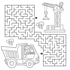 Maze or Labyrinth Game. Puzzle. Coloring Page Outline Of cartoon lorry or dump truck. Elevating crane on build. Construction vehicles. Coloring book for kids. © oleon17