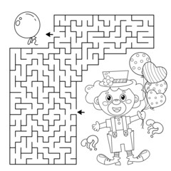 Maze or Labyrinth Game. Puzzle. Coloring Page Outline Of cartoon circus clown with colorful balloons. Coloring book for kids. © oleon17