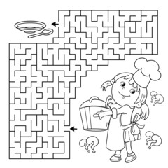 Maze or Labyrinth Game. Puzzle. Coloring Page Outline Of cartoon girl chef with large pot. Little cook or scullion. Profession. Coloring book for kids.