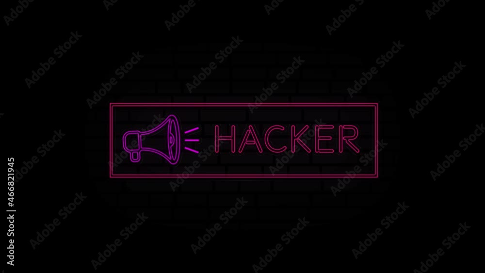 Fototapete hacker neon sign in a frame with a megaphone on a black background. animation glowing neon line text