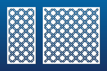 Laser cut panels. Vector abstract geometric patterns with square grid, net, lattice, diamond shapes. Modern template for cnc cutting, decorative panels of wood, metal, paper. Aspect ratio 1:2, 1:1