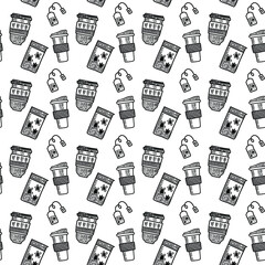 Vector seamless pattern. Outline Illustrations of reusable cups. Coffee and tea mugs for take away drinks. For advertising social media posts printing on paper and fabric.
