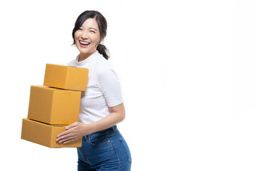 Happy Asian woman holding package parcel boxs isolated on white screen background with copy space,...
