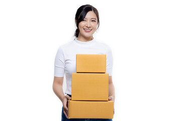 Happy Asian woman holding package parcel boxs isolated on white screen background with copy space, Delivery courier and shipping service concept.