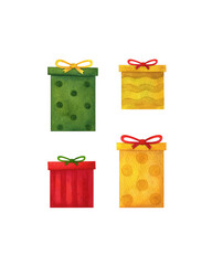Gift boxes and bows in red; green and yellow. Watercolor illustration. A set of holiday clipart isolated on a white background. Packaging decor for birthday; New Year; Christmas; Name; anniversary