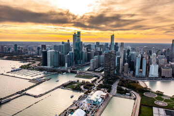 Aerial drone photo - Skyline of Chicago Illinois at sunset. 
