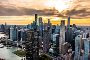 Aerial drone photo - Skyline of Chicago Illinois at sunset.  
