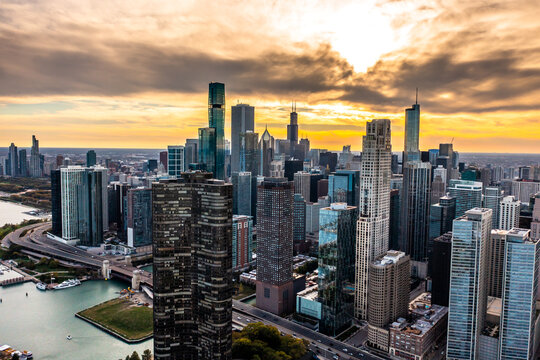 Aerial drone photo - Skyline of Chicago Illinois at sunset.  
