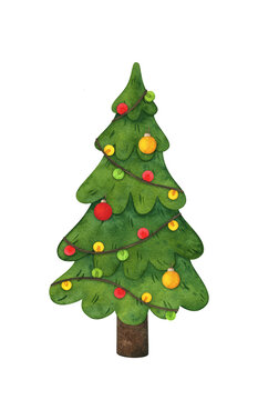 Decorated Christmas tree. Watercolor illustration, new year's 2022. spruce clipart in a children's, cartoon style for the holiday, xmas. The image is isolated on a white background