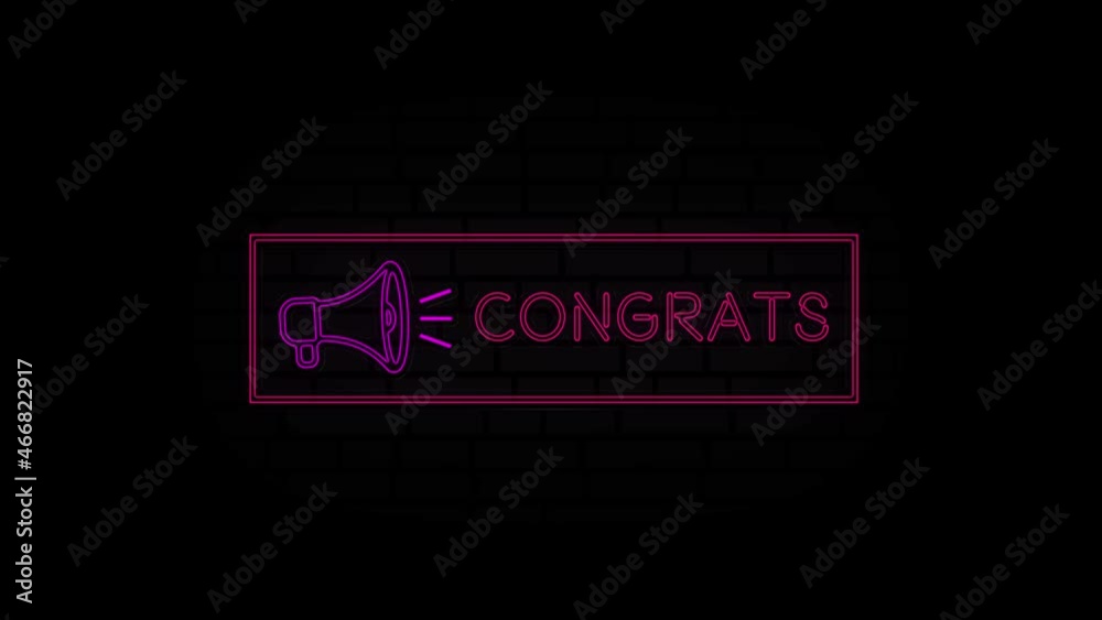 Poster congrats neon sign in a frame with a megaphone on a black background. animation glowing neon line te