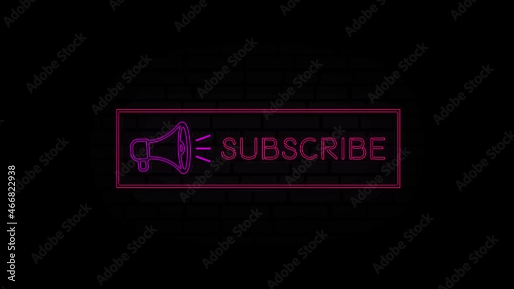 Aufkleber subscribe neon sign in a frame with a megaphone on a black background. animation glowing neon line t
