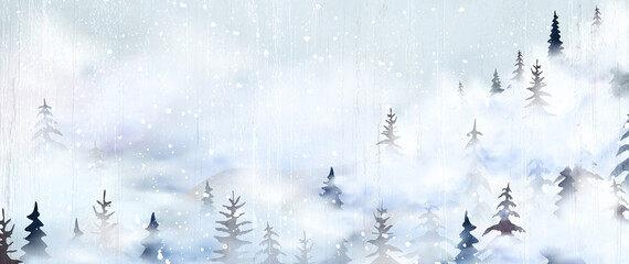 Art background with winter forest. Watercolor botanical christmas banner for textile decoration, web, print, invitations
