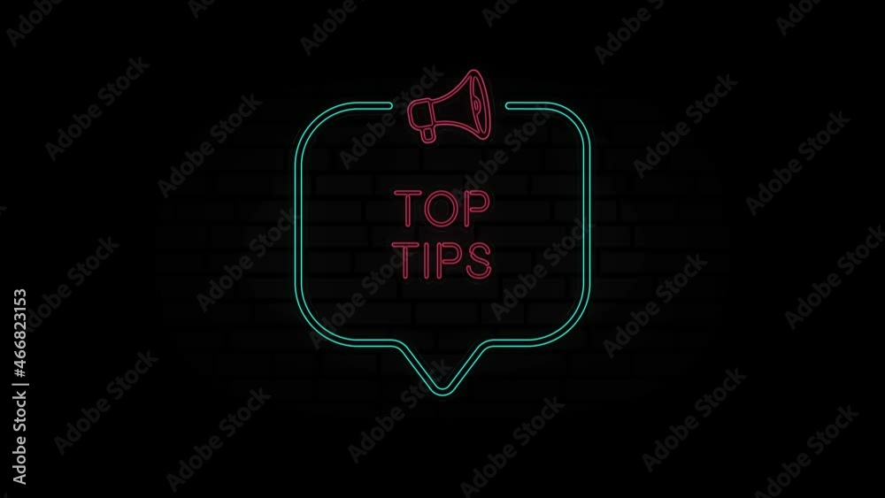 Leinwandbilder glowing neon line megaphone icon with text top tips isolated on black background. top tips neon sign