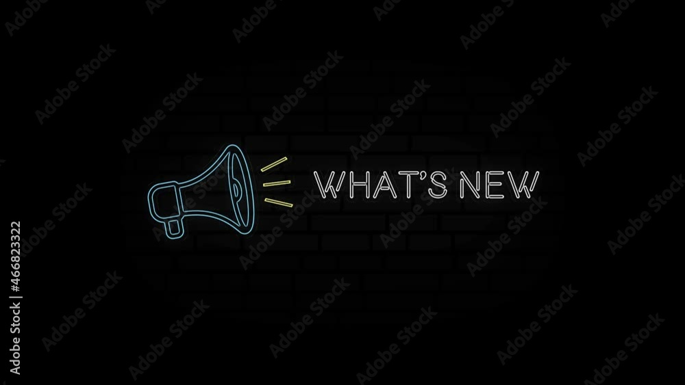 Poster glowing neon line megaphone icon with text what's new isolated on black background. 4k video motion 