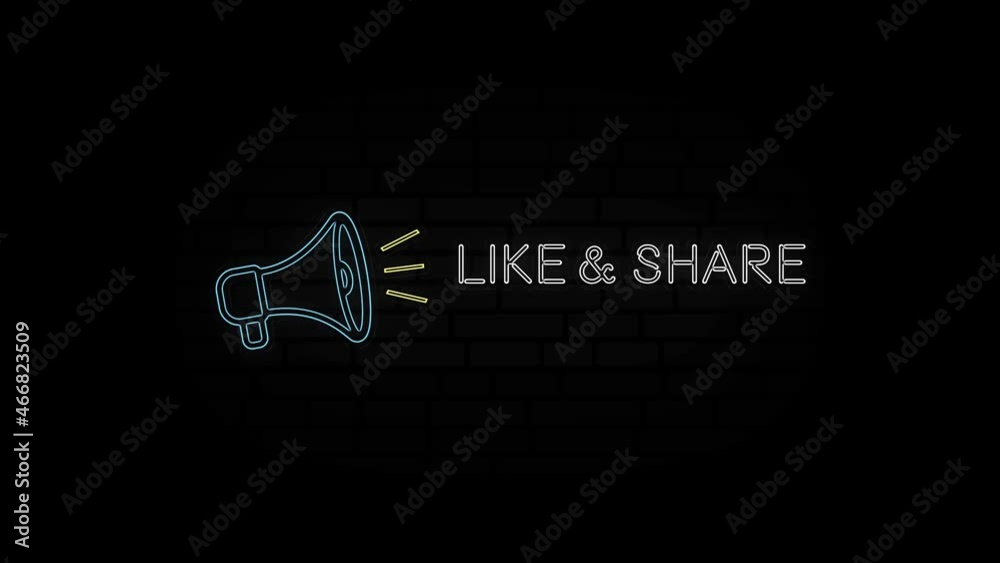 Poster glowing neon line megaphone icon with text like share isolated on black background. 4k video motion 