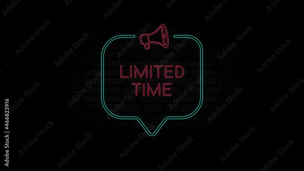 Poster glowing neon line megaphone icon with text limited time isolated on black background. limited time n