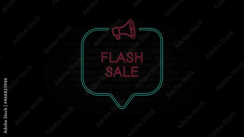 Poster glowing neon line megaphone icon with text flash sale isolated on black background. flash sale neon 