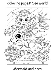 Coloring book page cute mermaid rides an orca