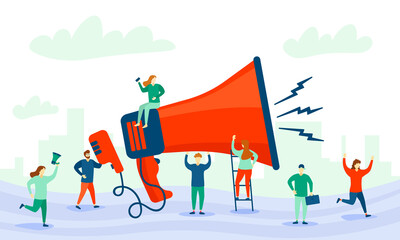 Megaphone and characters people. Marketing, business promotion, advertising, call through the horn, online alerting. - obrazy, fototapety, plakaty