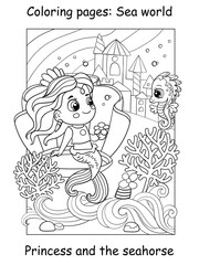 Coloring book page cute mermaid in a seashell