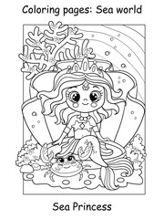 Coloring book page cute mermaid in a seashell and crab