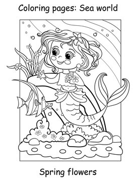 Coloring book page cute mermaid swims with a fish