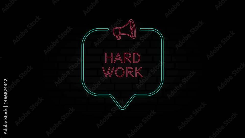 Fototapete glowing neon line megaphone icon with text hard work isolated on black background. hard work neon si