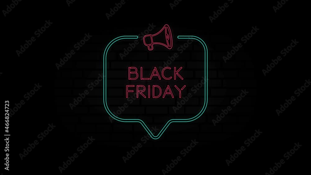 Aufkleber Glowing neon line Megaphone icon with text Black Friday isolated on black background. Black Friday neon sign in speech bubble frame with megaphone. 4K Video motion graphic animation.