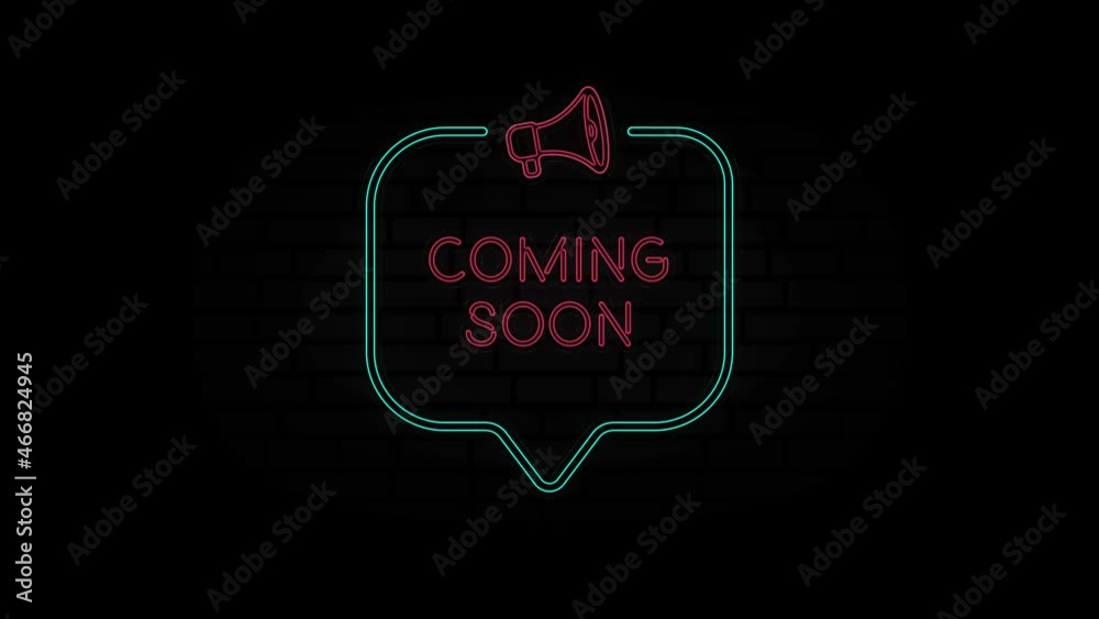 Aufkleber Glowing neon line Megaphone icon with text Coming soon isolated on black background. Coming soon neon sign in speech bubble frame with megaphone. 4K Video motion graphic animation.