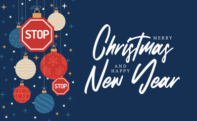 Christmas road stop sign card. Merry Christmas road greeting card. Hang on a thread stop sign as a xmas ball and bauble on horizontal background. Sport Vector illustration.