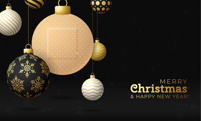 Healthy Christmas and happy new year coronavirus ball banner. Creative concept Christmas events and holidays during a pandemic with cross medical plaster Vector illustration. Covid-19 prevention