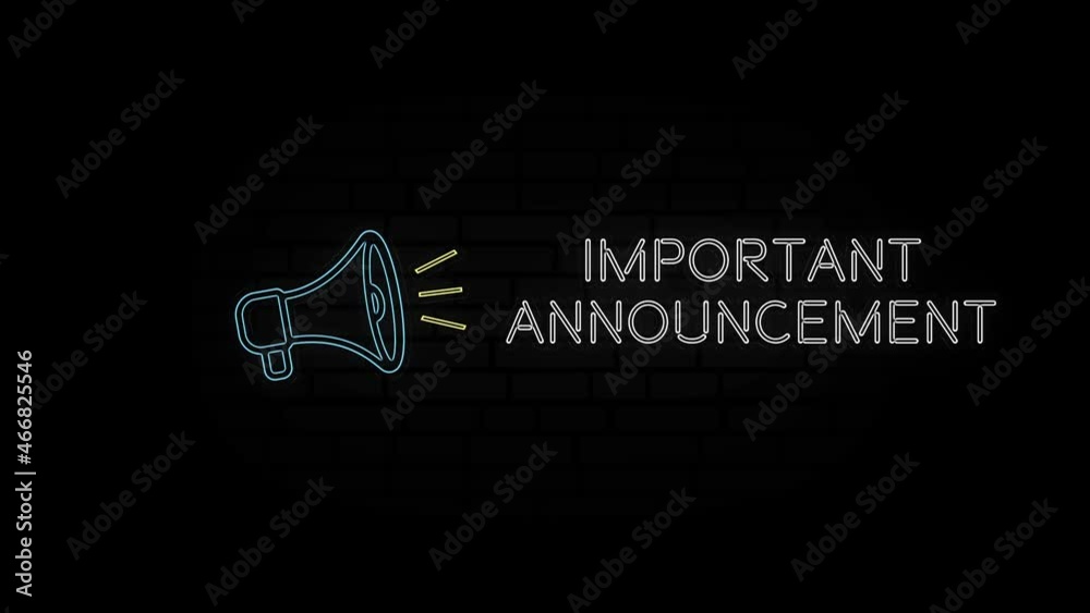 Poster glowing neon line megaphone icon with text important announcement isolated on black background. 4k v