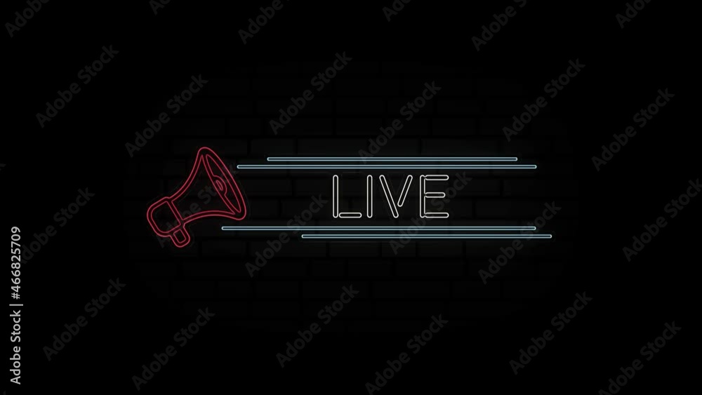 Poster glowing neon line megaphone icon with text live isolated on black background. 4k video motion graphi