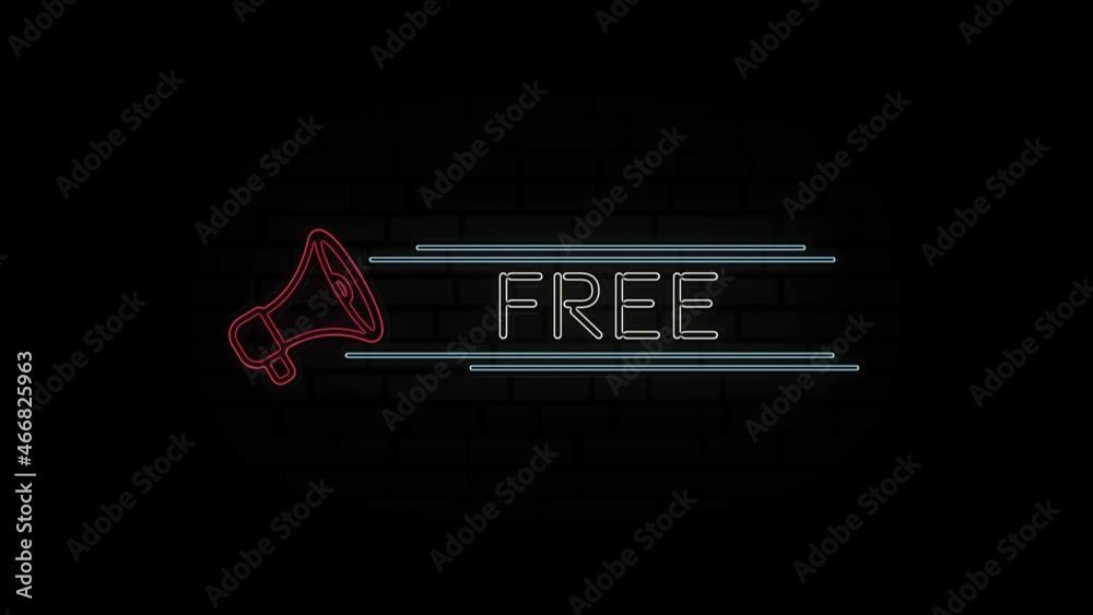 Poster glowing neon line megaphone icon with text free isolated on black background. 4k video motion graphi
