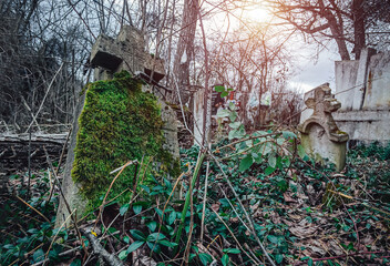 Scene from a very old abandoned cemetery. Old fallen tombstones surrounded by leaves, moss, lichens, overgrown grass and weeds.