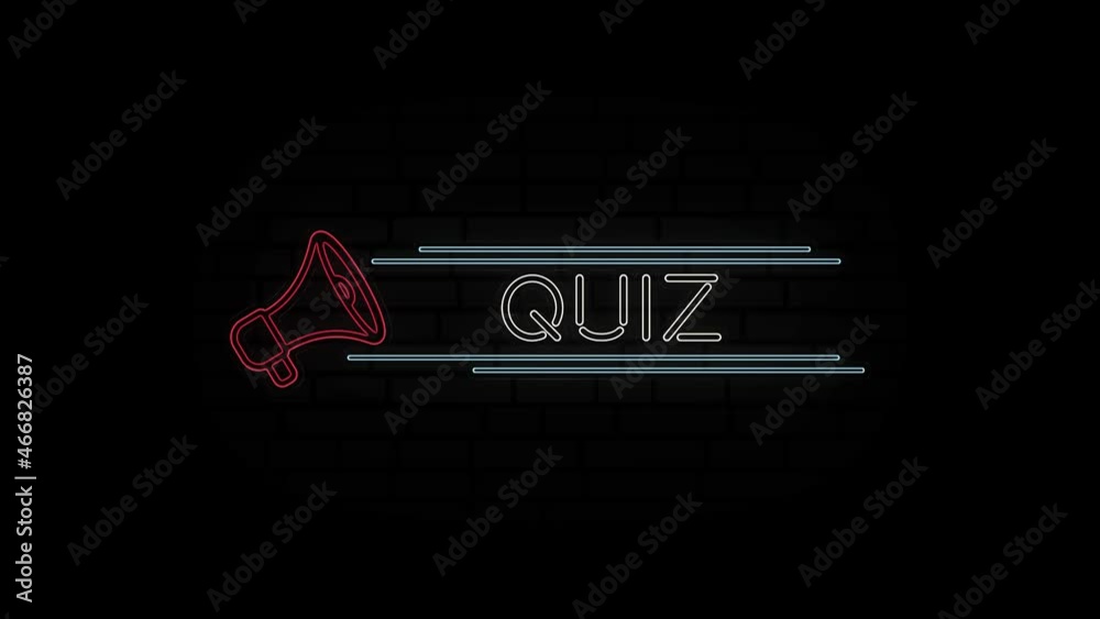 Poster glowing neon line megaphone icon with text quiz isolated on black background. 4k video motion graphi