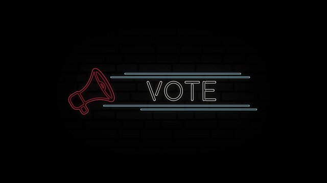 Glowing neon line Megaphone icon with text Vote isolated on black background. 4K Video motion graphic animation.