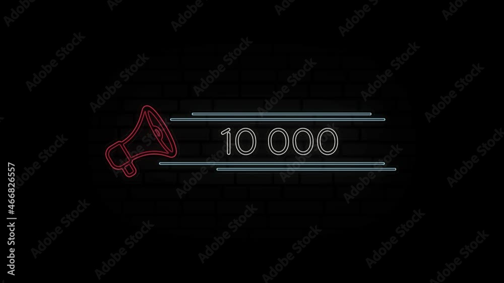 Aufkleber glowing neon line megaphone icon with number 10k isolated on black background. 10000 subscribers. 4k