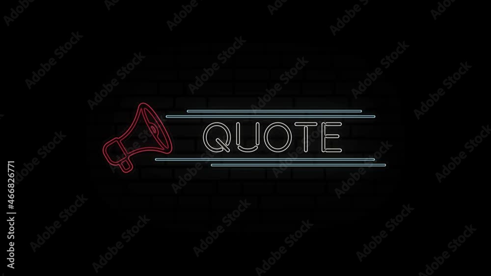 Poster glowing neon line megaphone icon with text quote isolated on black background. 4k video motion graph
