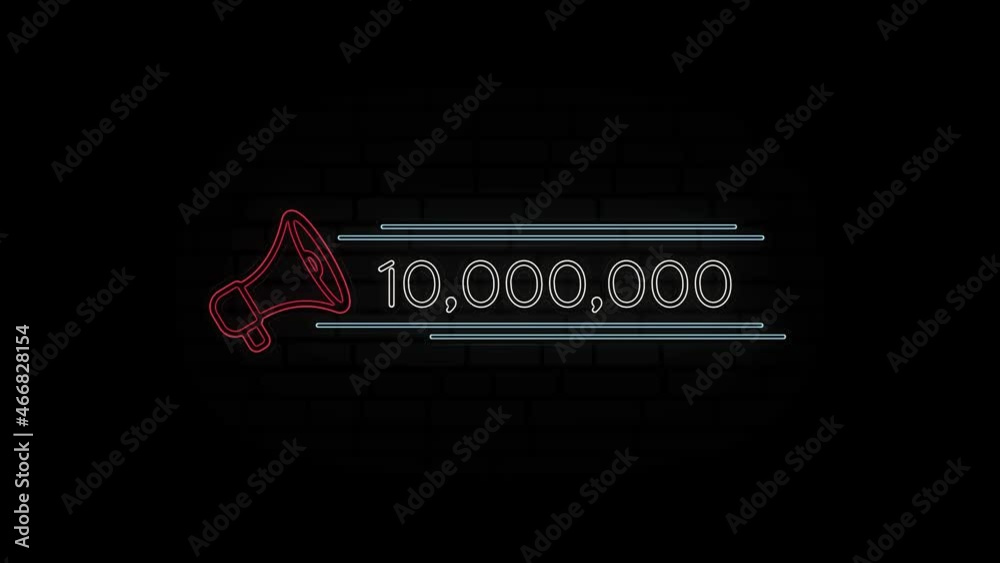 Aufkleber glowing neon line megaphone icon with number ten million isolated on black background. 10000000 subs