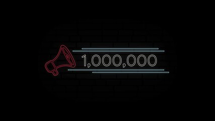 Glowing neon line Megaphone icon with number One million isolated on black background. 1000000 subscribers. 4K Video motion graphic animation.