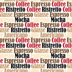 Coffee seamless pattern design. Decorate text in brown colors.